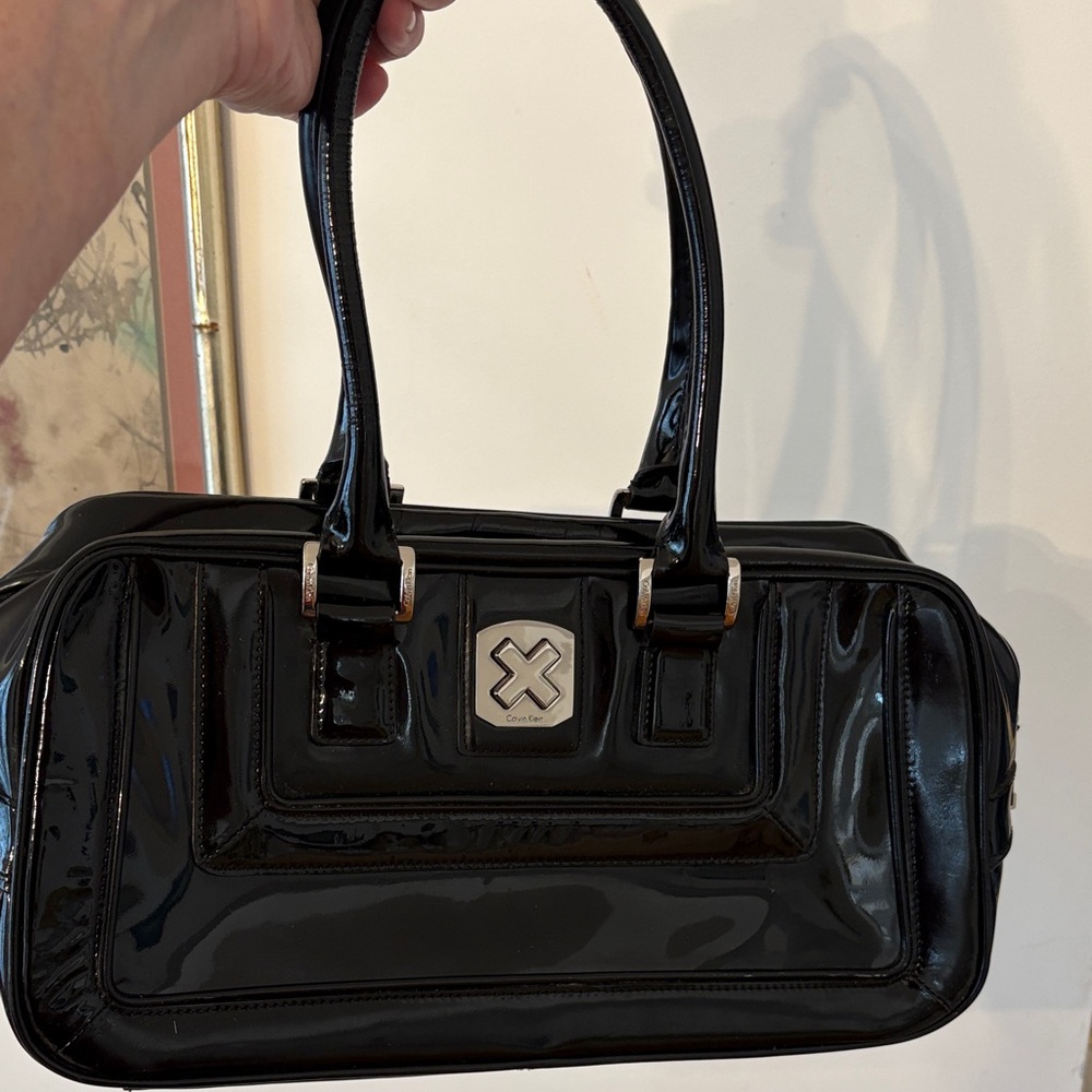 Calvin Klein Black Patent Leather Satchel Hand Bag with Double Top Handles - Picture 1 of 13